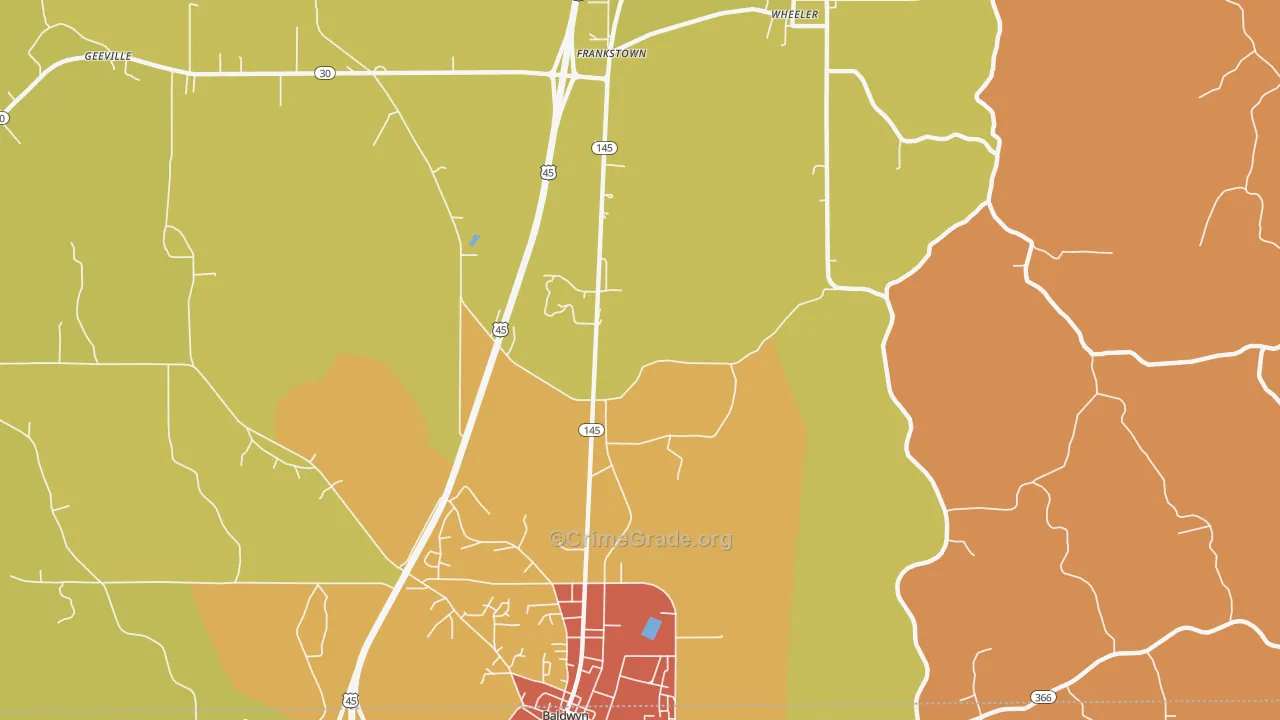 Bethany, MS Map of Drug-Related Crime Rates