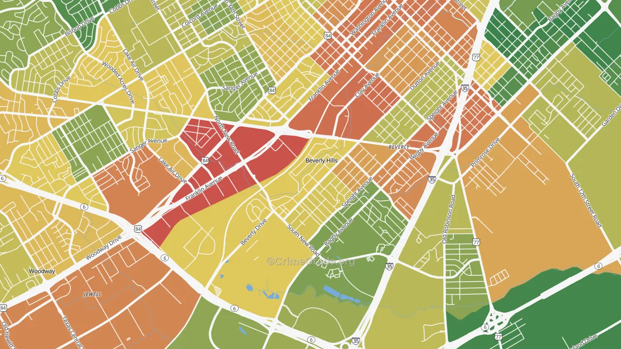 Beverly Hills, TX Map of Drug-Related Crime Rates