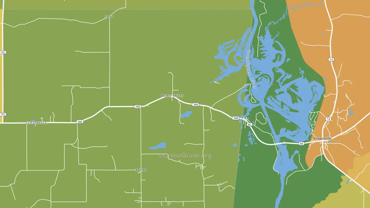 Bigbee Valley, MS Map of Drug-Related Crime Rates