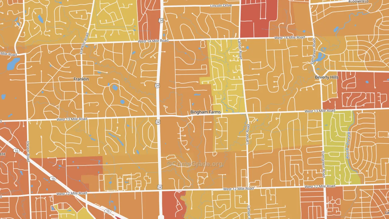 Bingham Farms, MI Map of Drug-Related Crime Rates