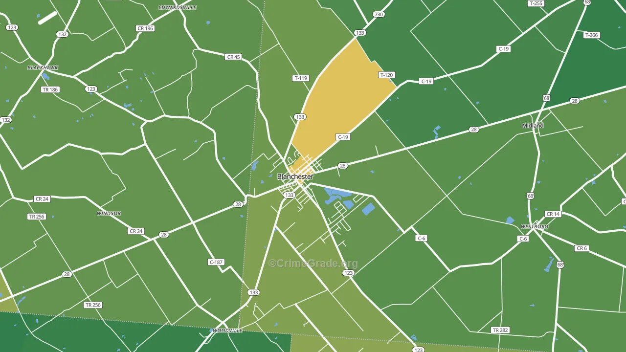 Blanchester, OH Map of Drug-Related Crime Rates