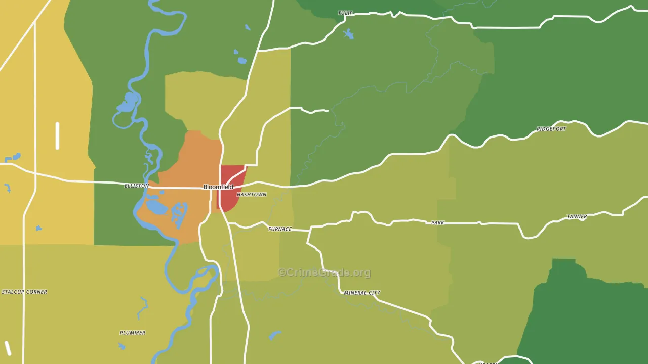 Bloomfield, IN Map of Drug-Related Crime Rates