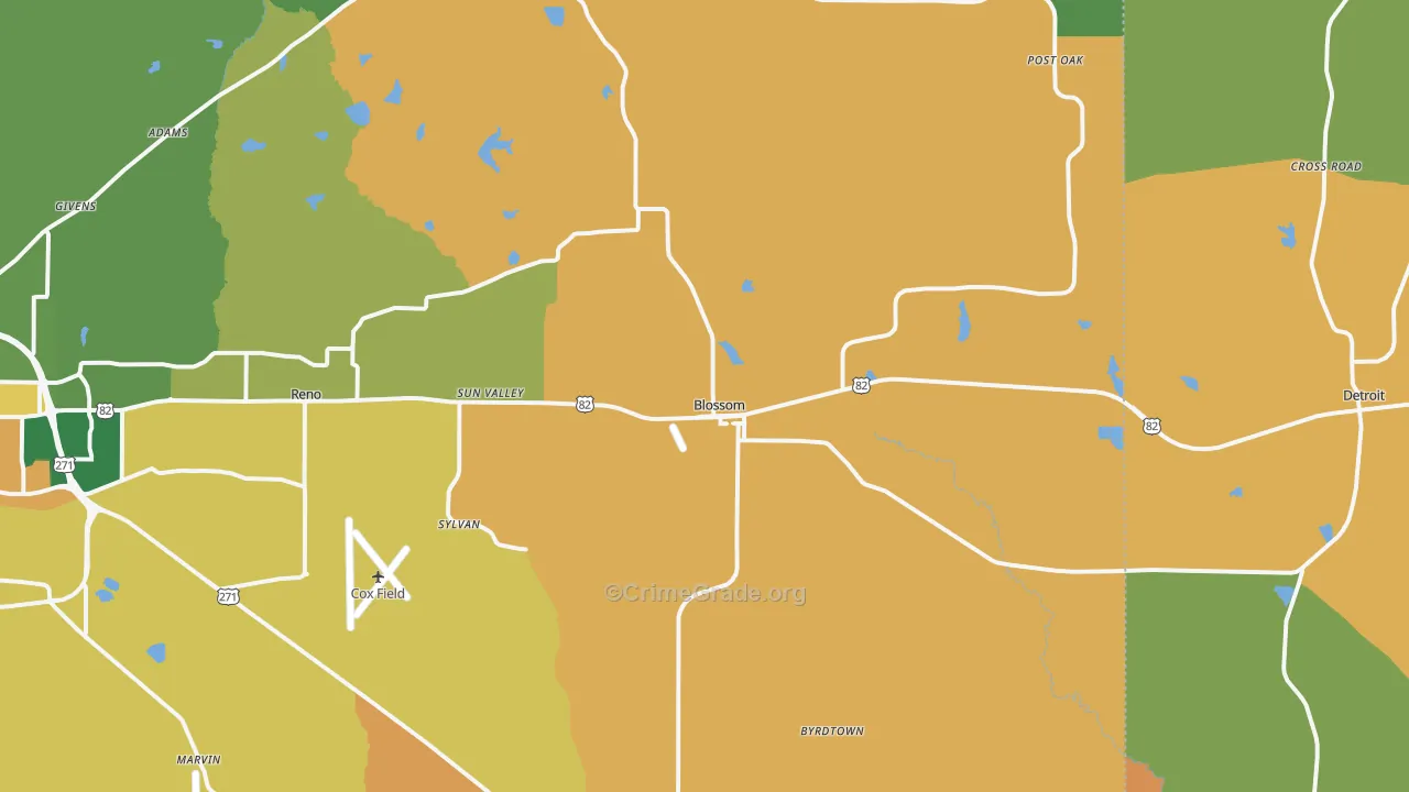 Blossom, TX Map of Drug-Related Crime Rates