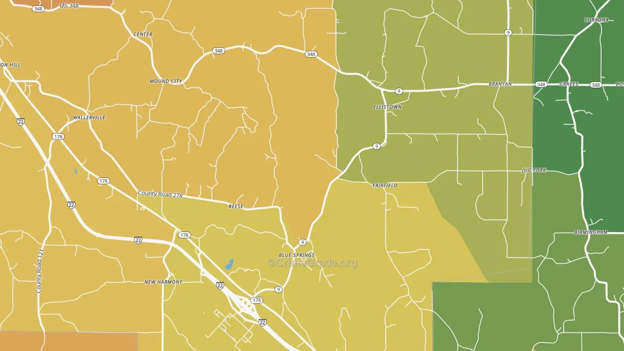 Blue Springs, MS Map of Drug-Related Crime Rates
