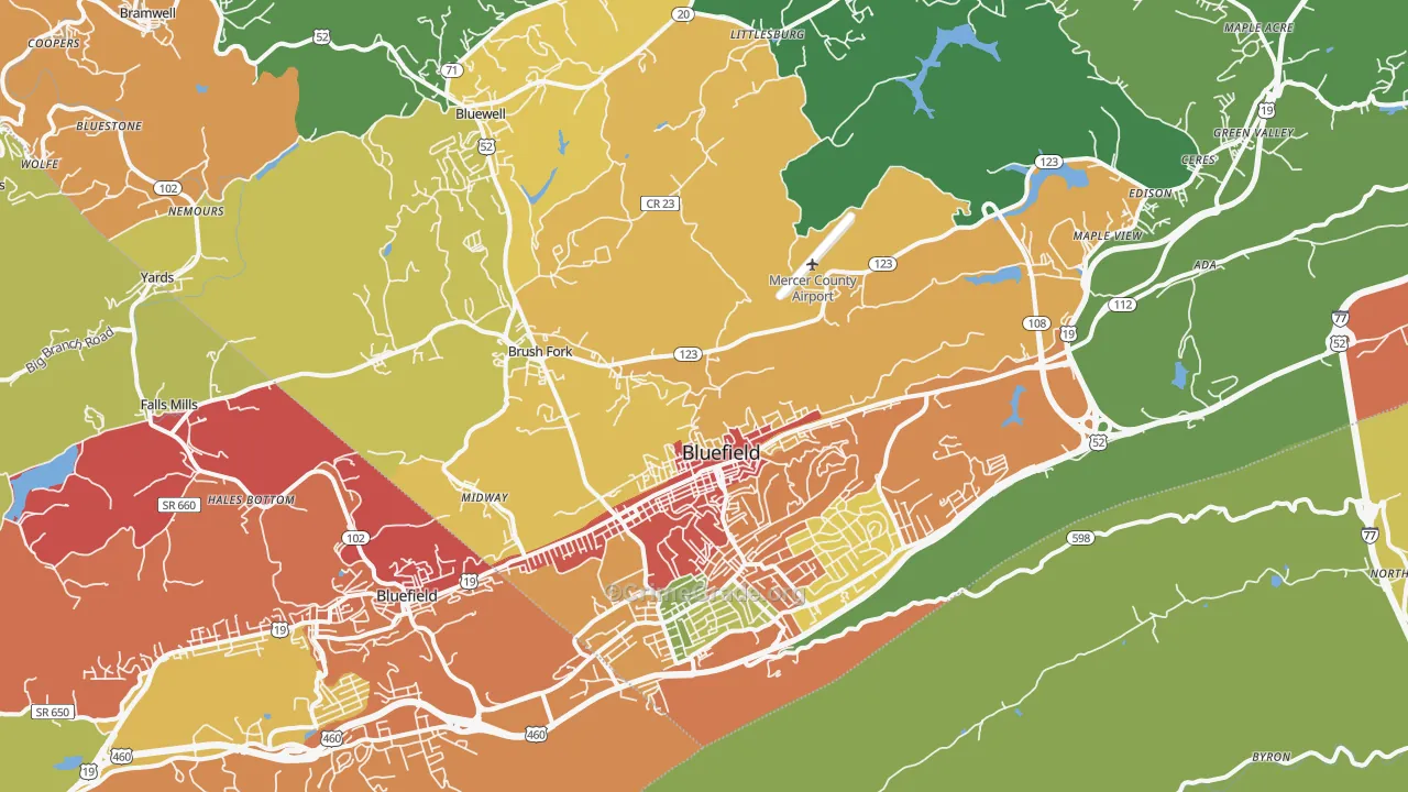 Bluefield, WV Map of Drug-Related Crime Rates