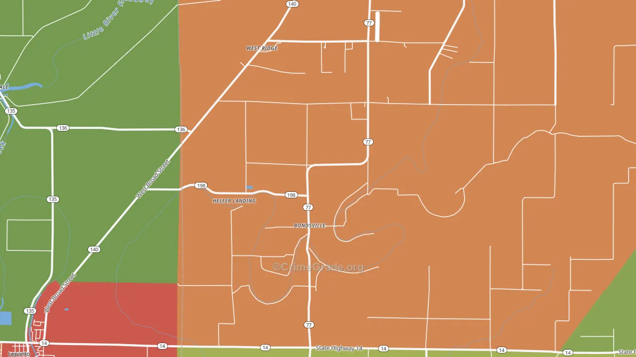 Bondsville, AR Map of Drug-Related Crime Rates
