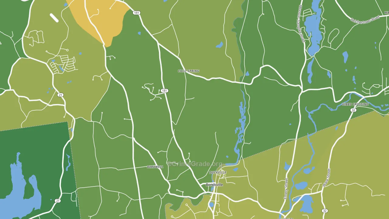 Bondsville, MA Map of Drug-Related Crime Rates