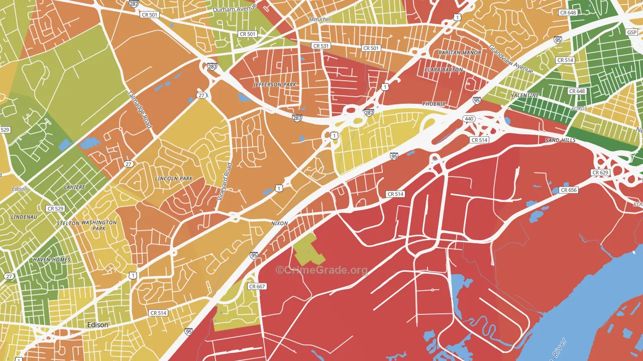 Bonhamtown, Edison, NJ Map of Drug-Related Crime Rates