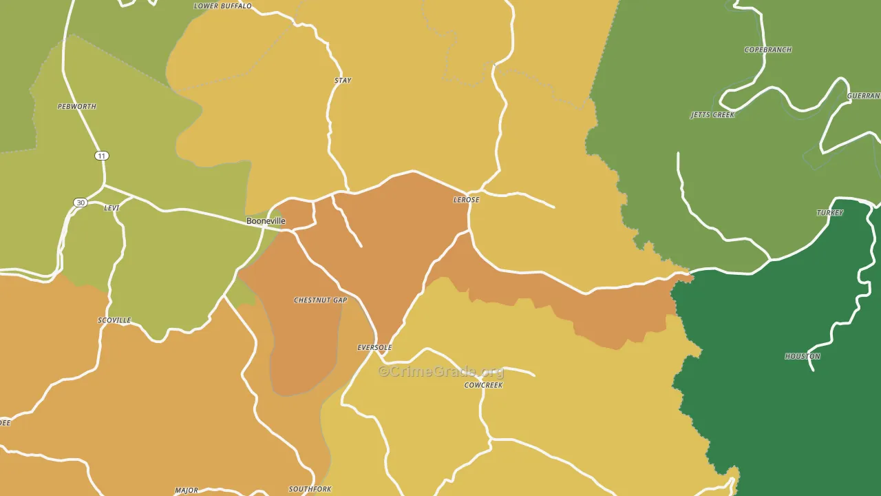 Booneville, KY Map of Drug-Related Crime Rates