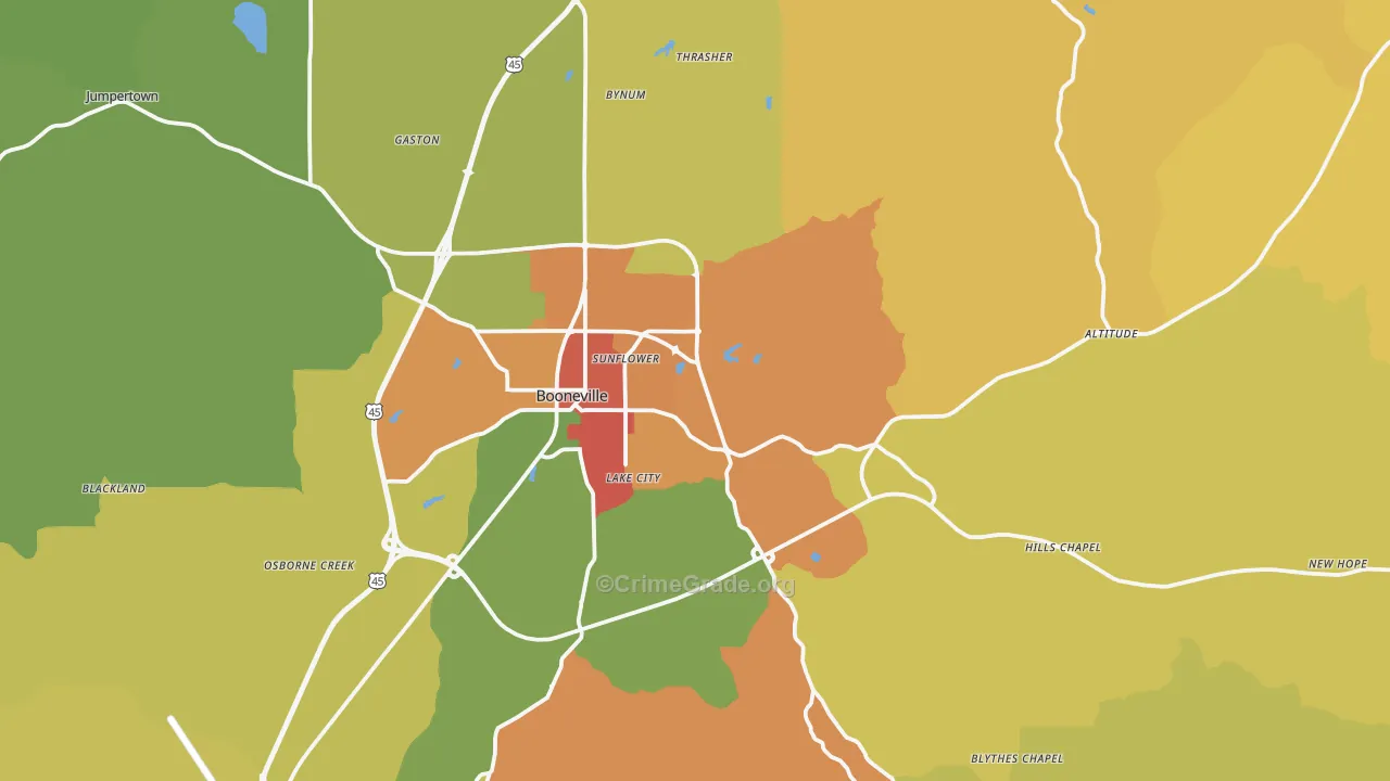 Booneville, MS Map of Drug-Related Crime Rates