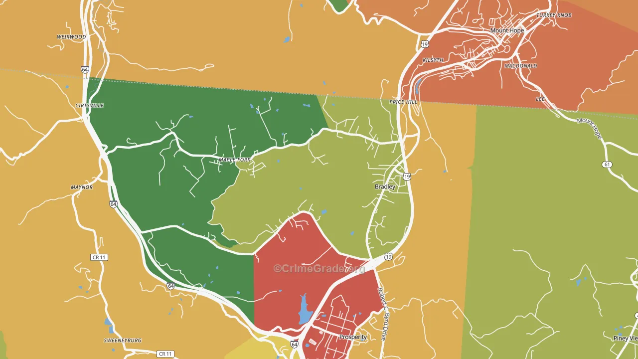 Bradley, WV Map of Drug-Related Crime Rates