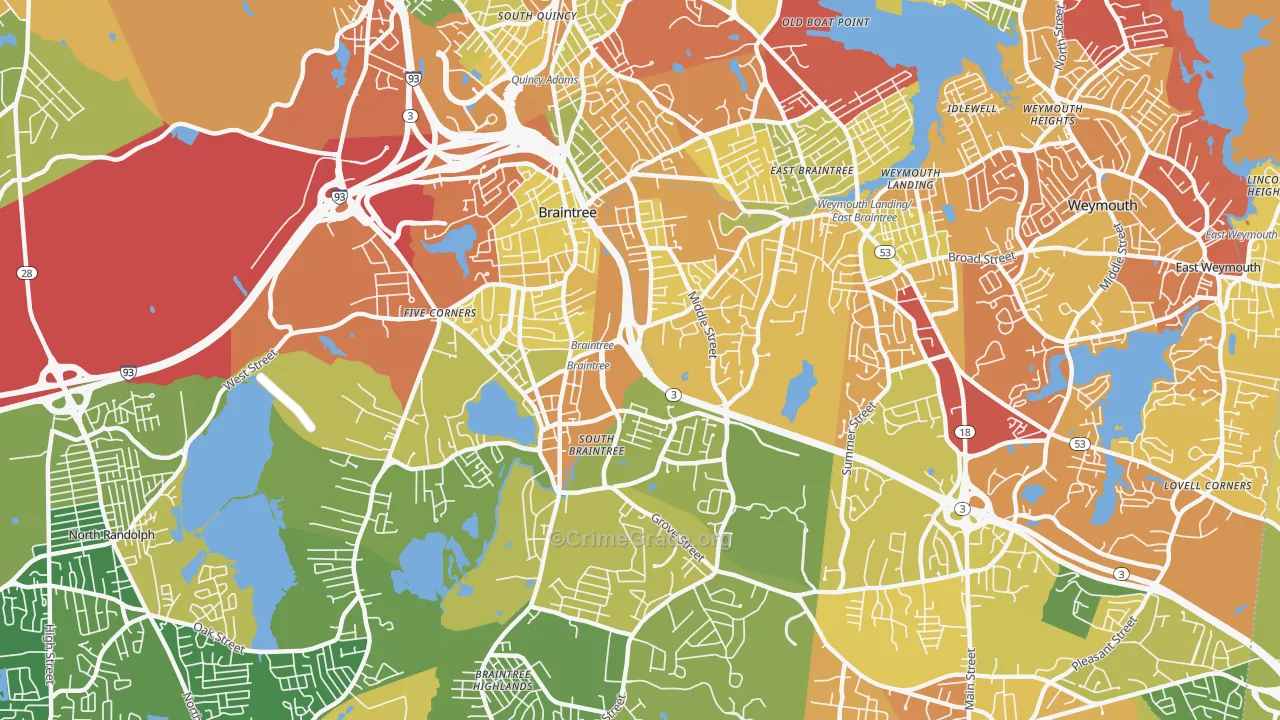 Braintree Town, MA Map of Drug-Related Crime Rates