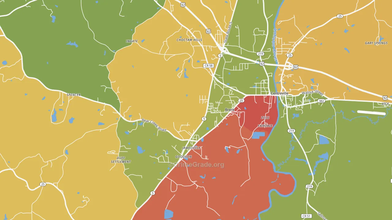 Brent, AL Map of Drug-Related Crime Rates