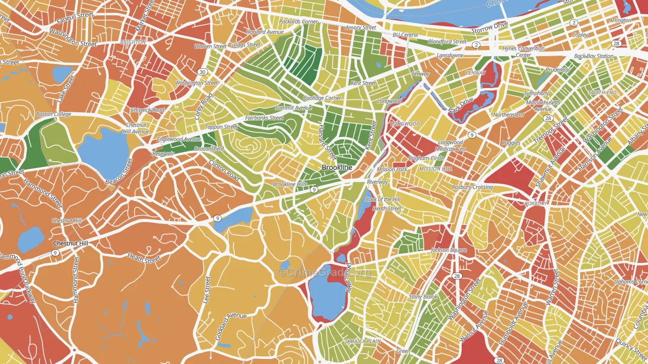 Brookline Village, Brookline, MA Map of Drug-Related Crime Rates