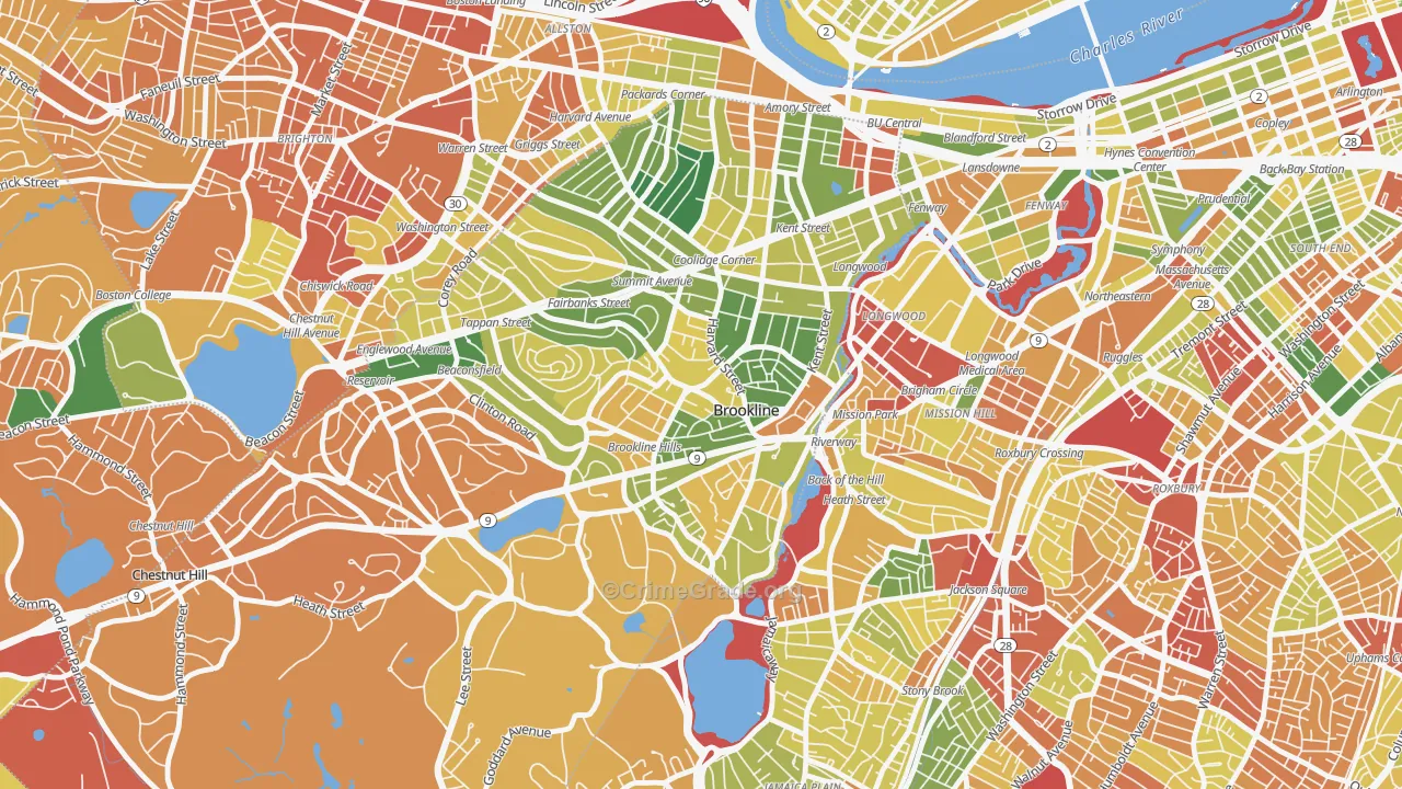 Brookline Village Commercial District, Brookline, MA Map of Drug-Related Crime Rates