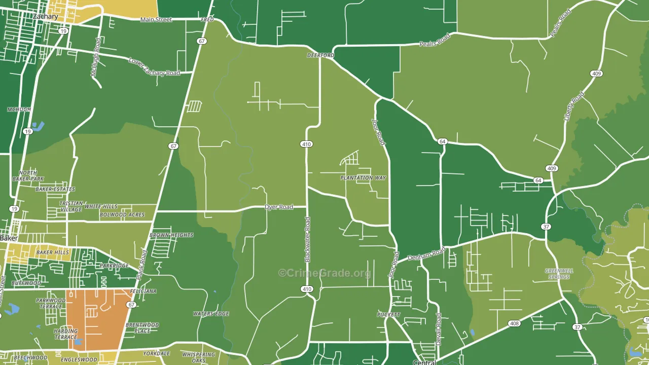 Brownsfield-Central, Baton Rouge, LA Map of Drug-Related Crime Rates