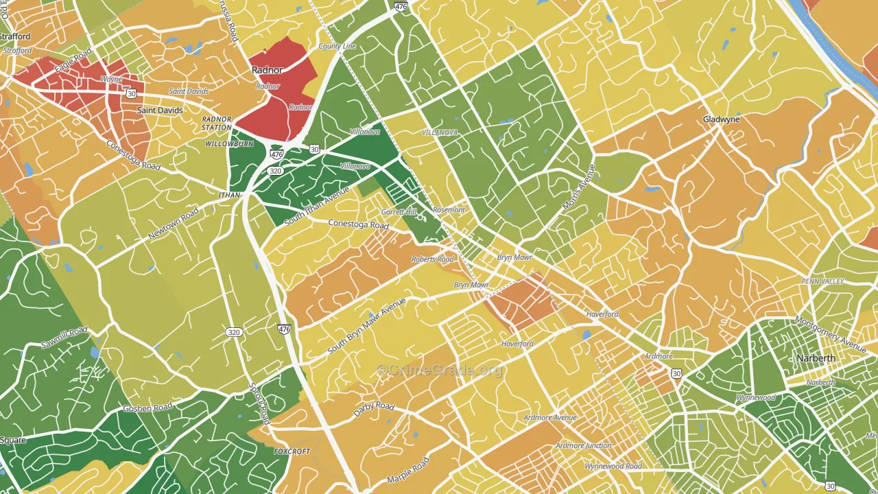 Bryn Mawr, PA Map of Drug-Related Crime Rates