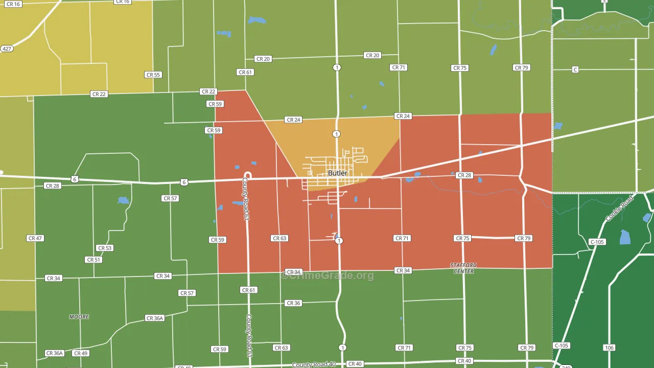 Butler, IN Map of Drug-Related Crime Rates
