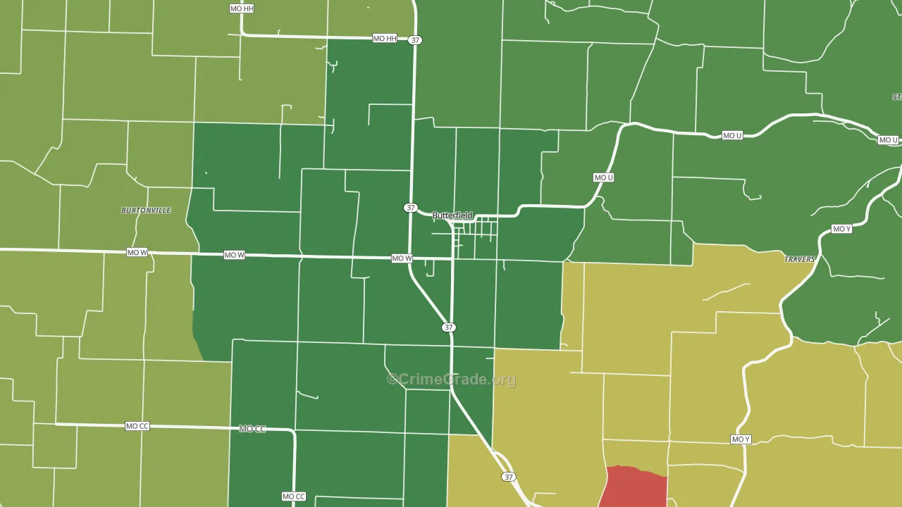 Butterfield, MO Map of Drug-Related Crime Rates
