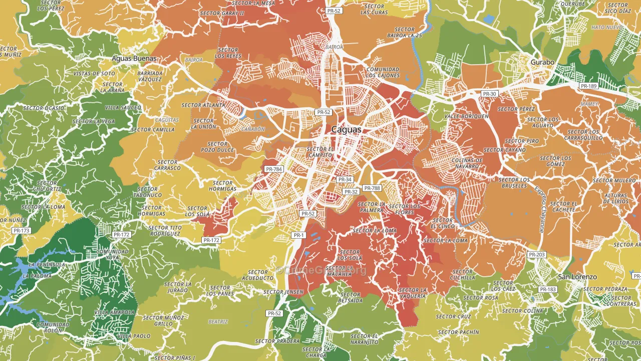 Caguas, PR Map of Drug-Related Crime Rates