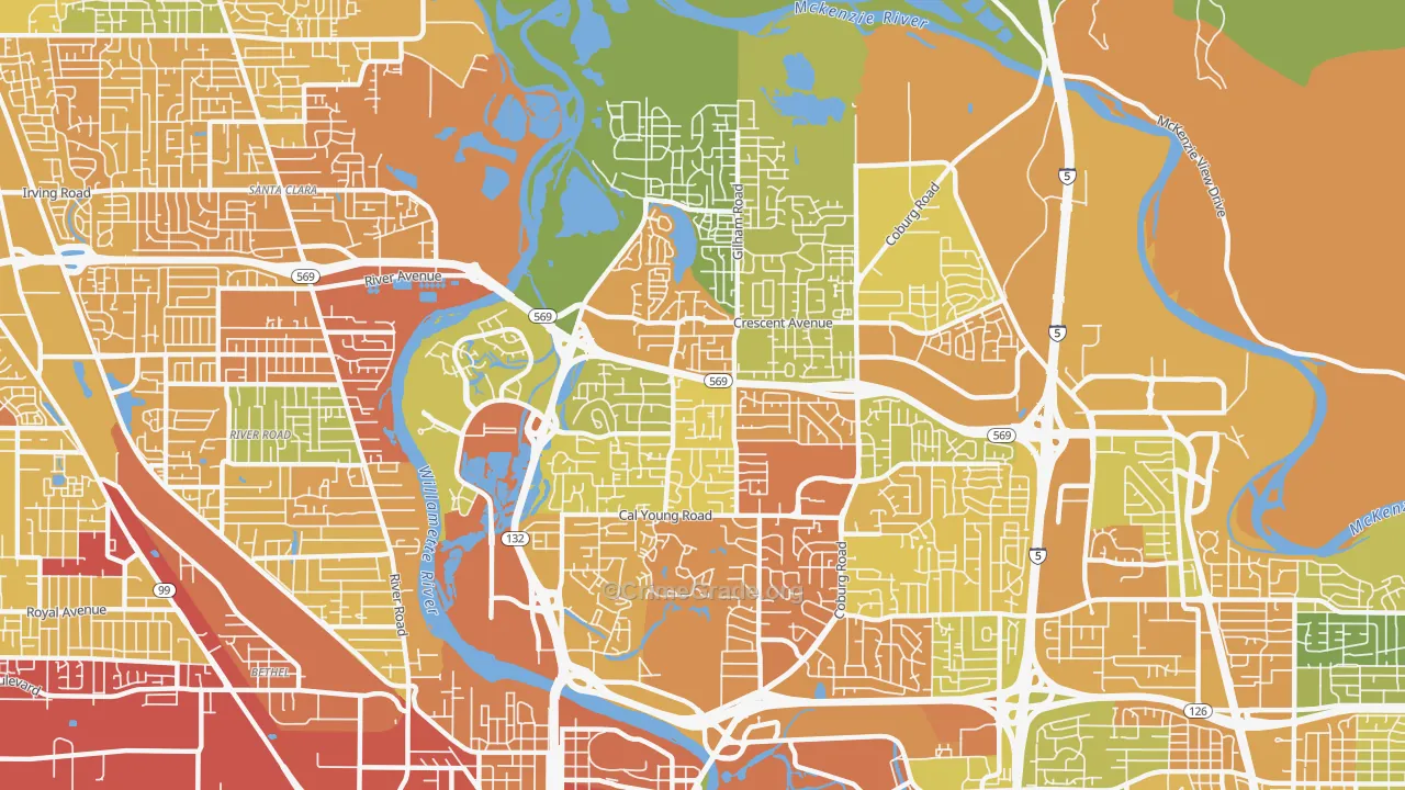 Cal Young, Eugene, OR Map of Drug-Related Crime Rates