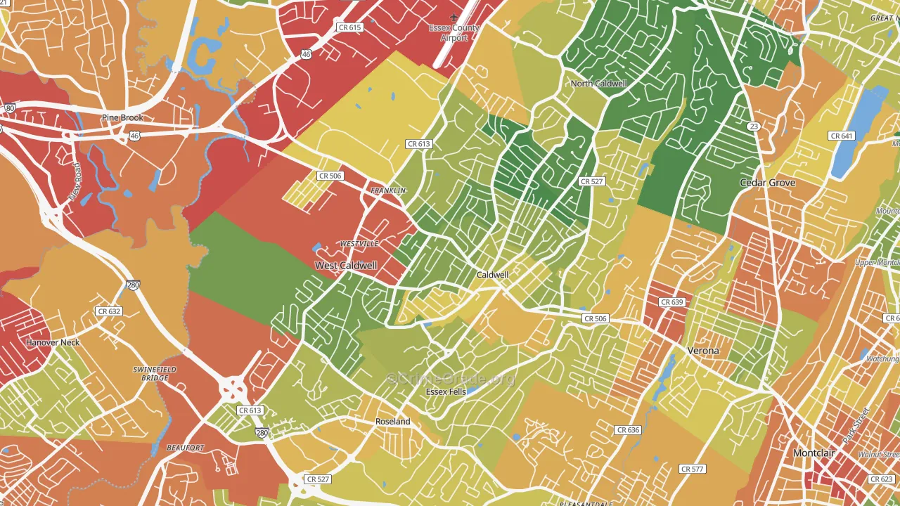 Caldwell, NJ Map of Drug-Related Crime Rates