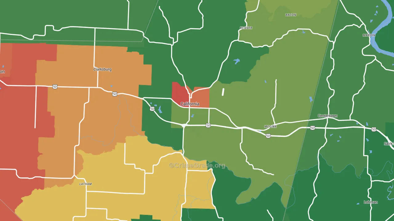 California, MO Map of Drug-Related Crime Rates