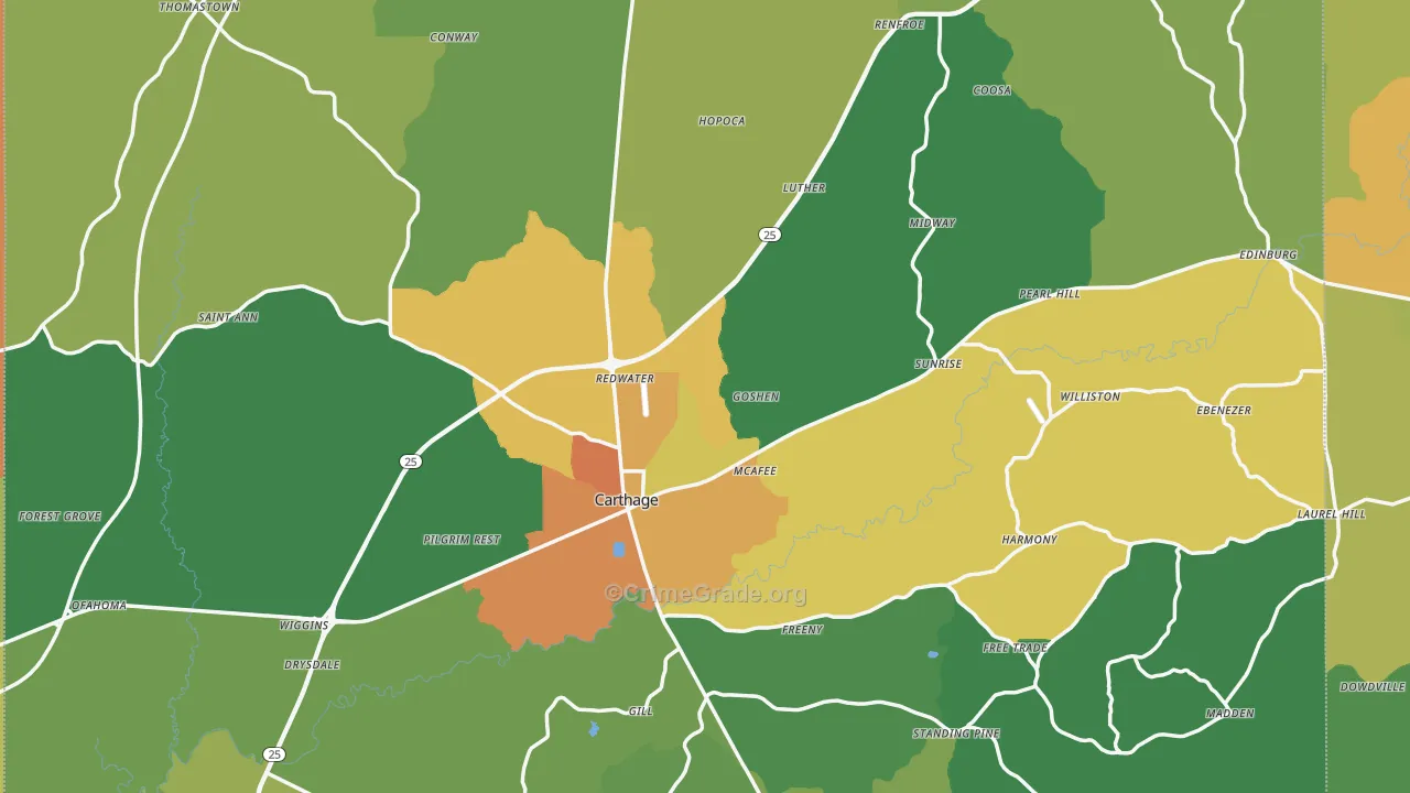 Carthage, MS Map of Drug-Related Crime Rates