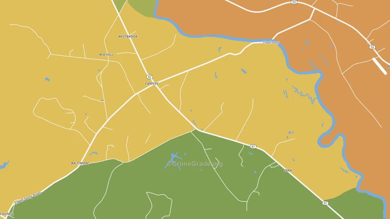 Carvers, NC Map of Drug-Related Crime Rates