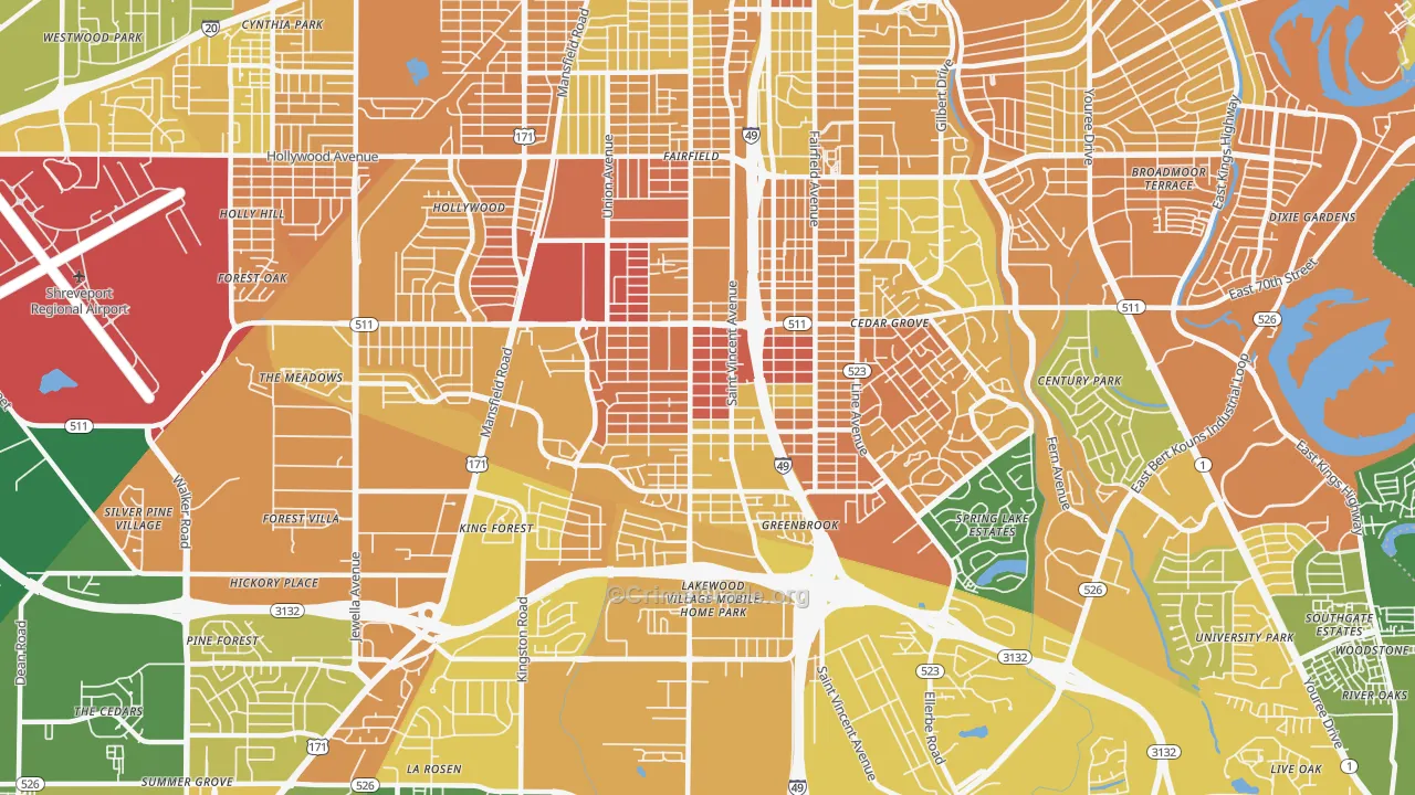 Ceder Grove-Lynbrook, Shreveport, LA Map of Drug-Related Crime Rates