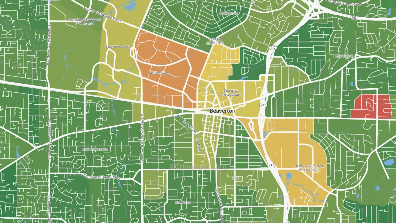 Central Beaverton, Beaverton, OR Map of Drug-Related Crime Rates