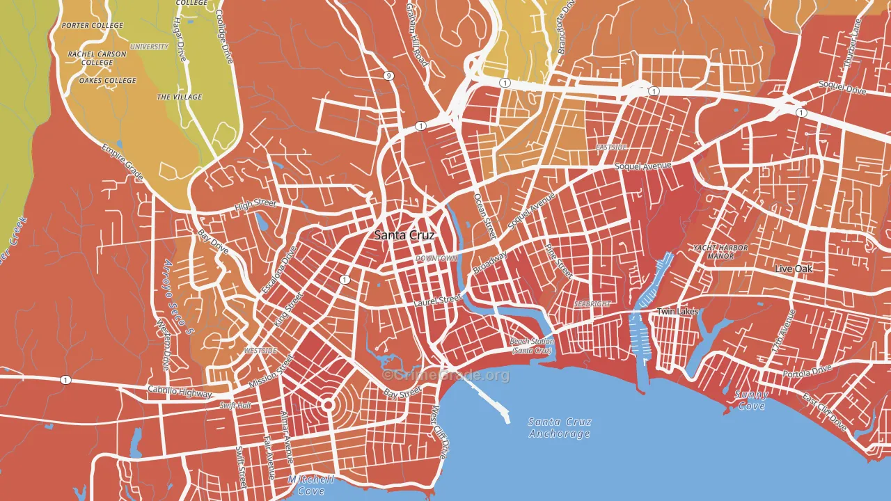 Central Santa Cruz, Santa Cruz, CA Map of Drug-Related Crime Rates