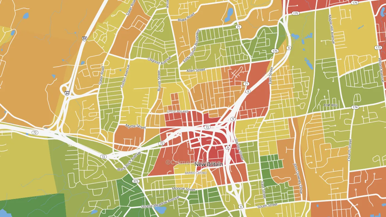 City Hall Monument District, New Britain, CT Map of Drug-Related Crime Rates