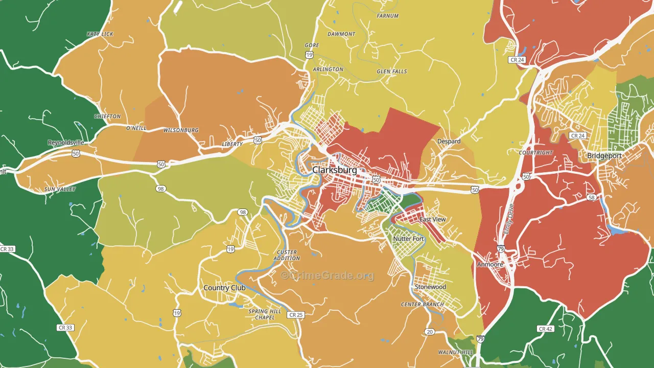Clarksburg, WV Map of Drug-Related Crime Rates