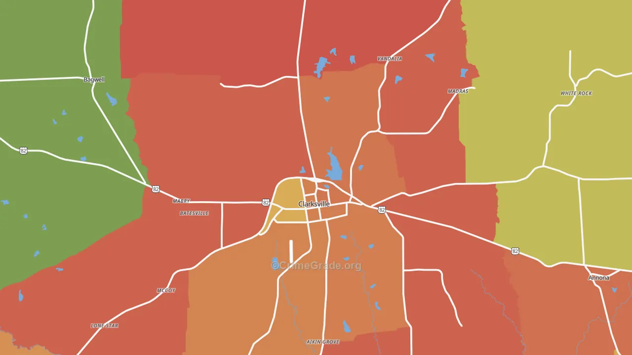 Clarksville, TX Map of Drug-Related Crime Rates