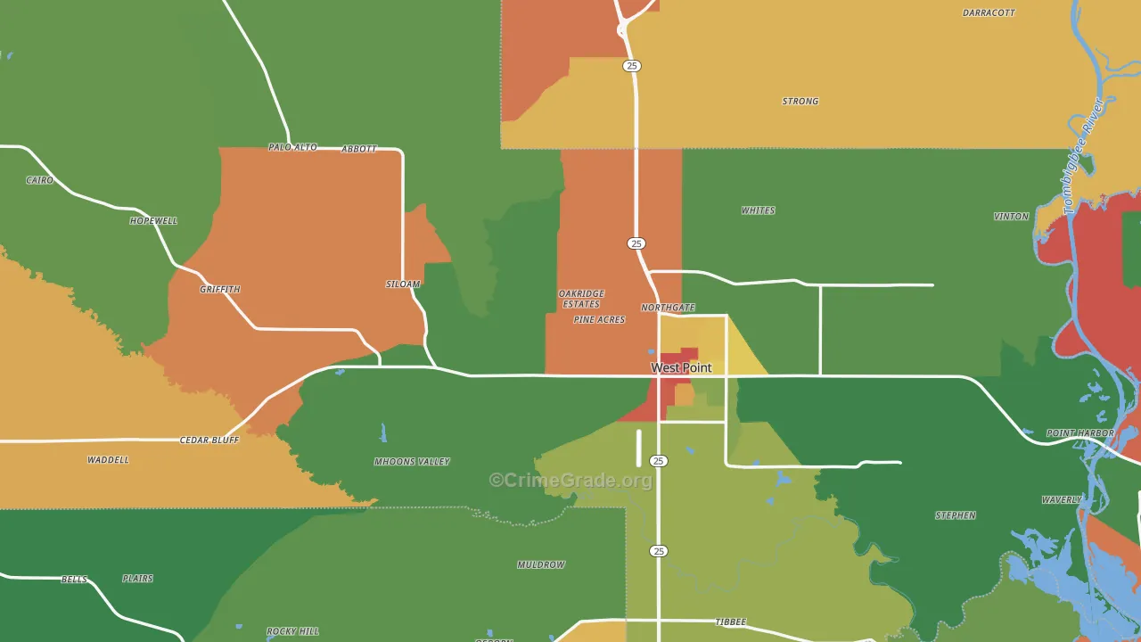 Clay County, MS Map of Drug-Related Crime Rates