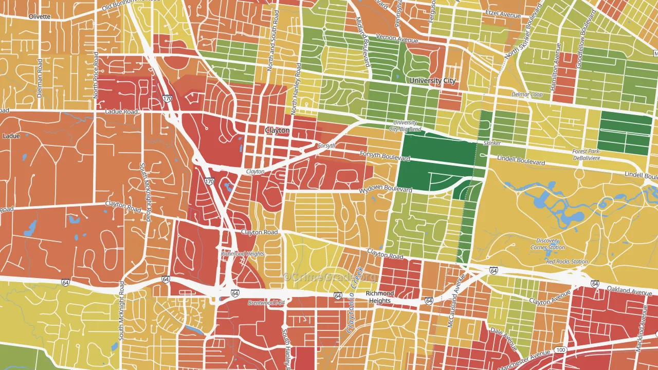 Clayton, MO Map of Drug-Related Crime Rates