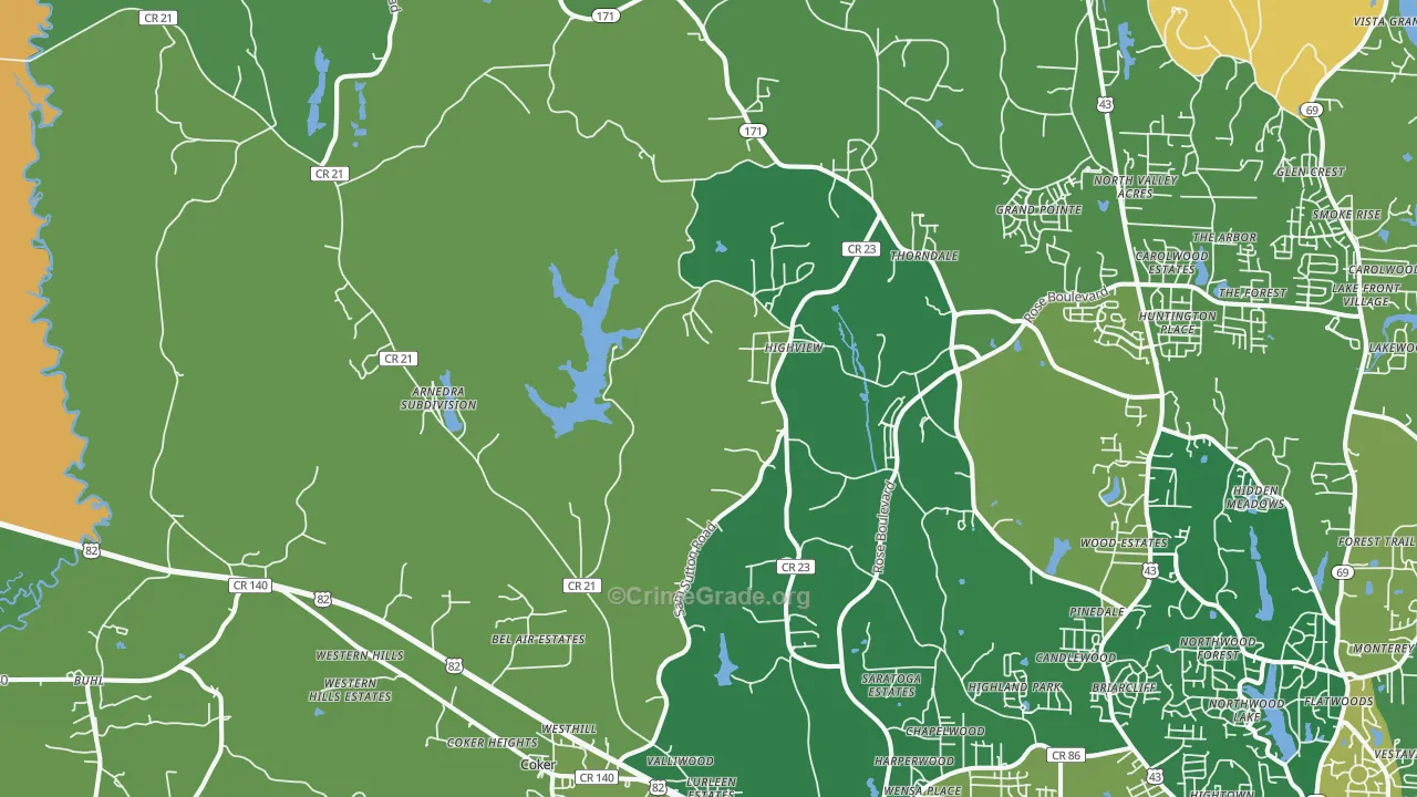 Coker, AL Map of Drug-Related Crime Rates