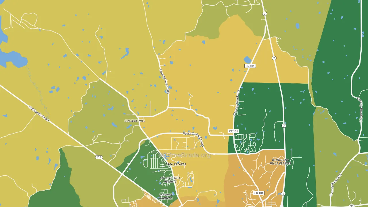 College Hill, MS Map of Drug-Related Crime Rates