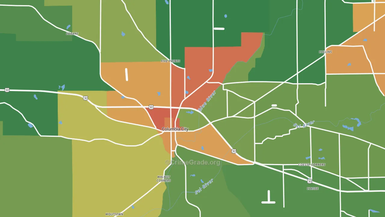 Columbia City, IN Map of Drug-Related Crime Rates