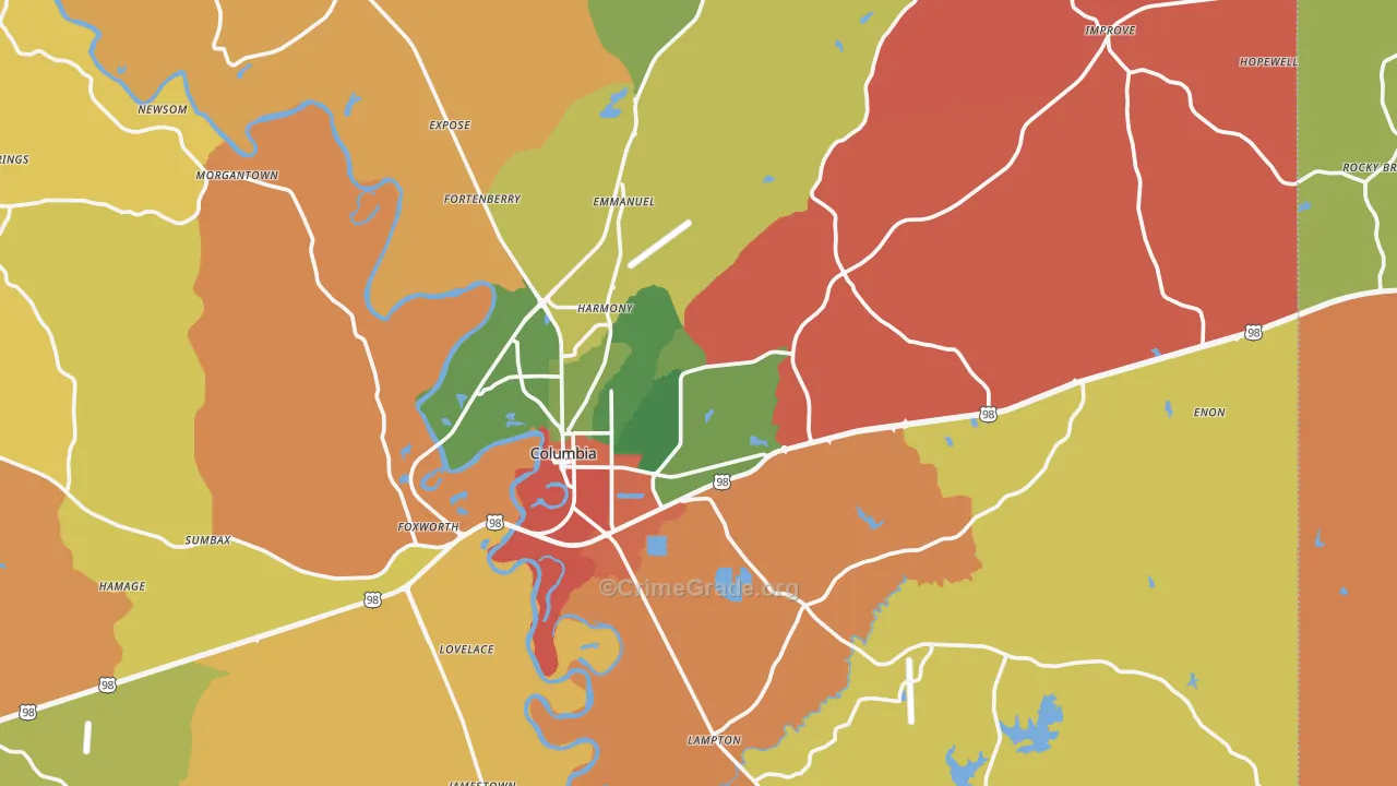 Columbia, MS Map of Drug-Related Crime Rates