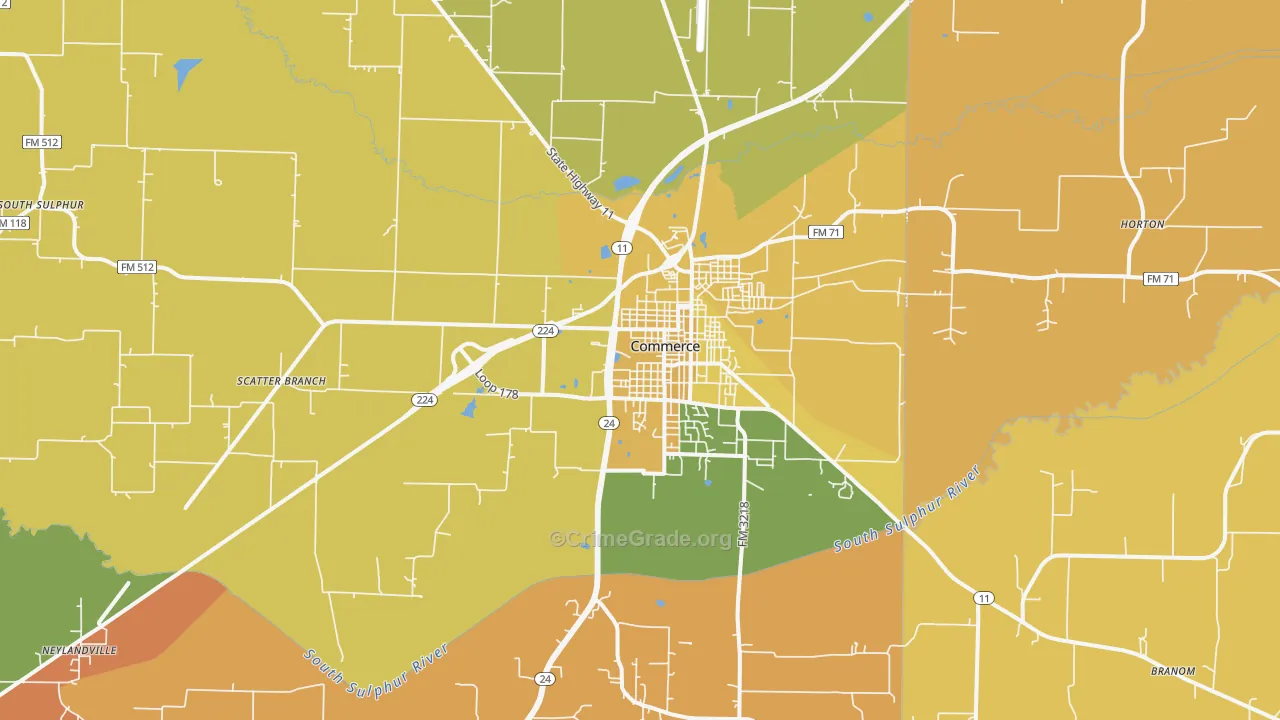 Commerce, TX Map of Drug-Related Crime Rates