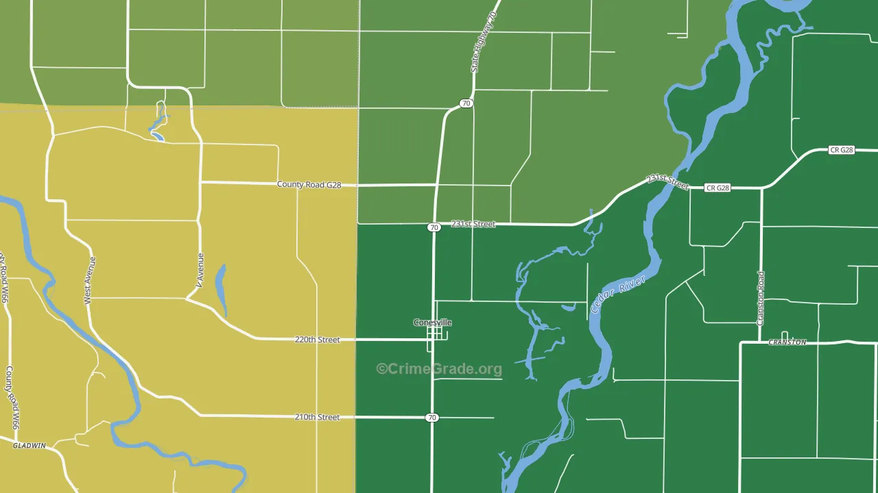 Conesville, IA Map of Drug-Related Crime Rates