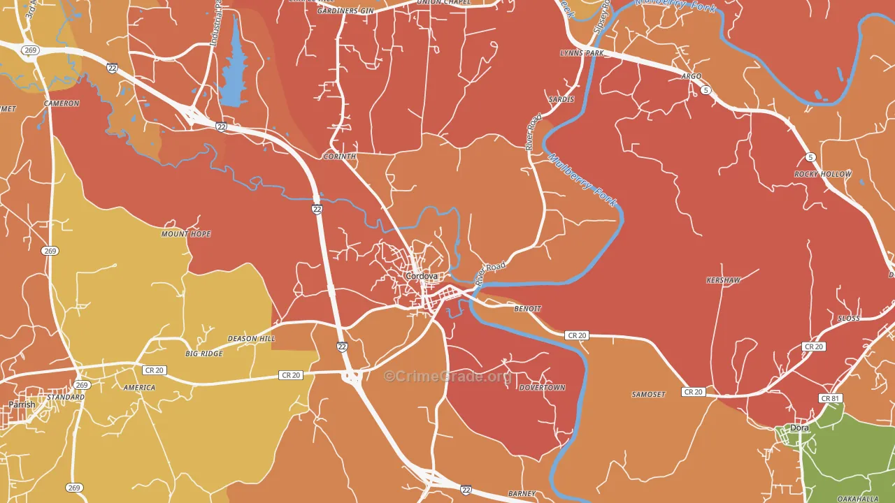Cordova, AL Map of Drug-Related Crime Rates