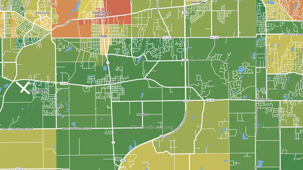 Crete, IL Map of Drug-Related Crime Rates