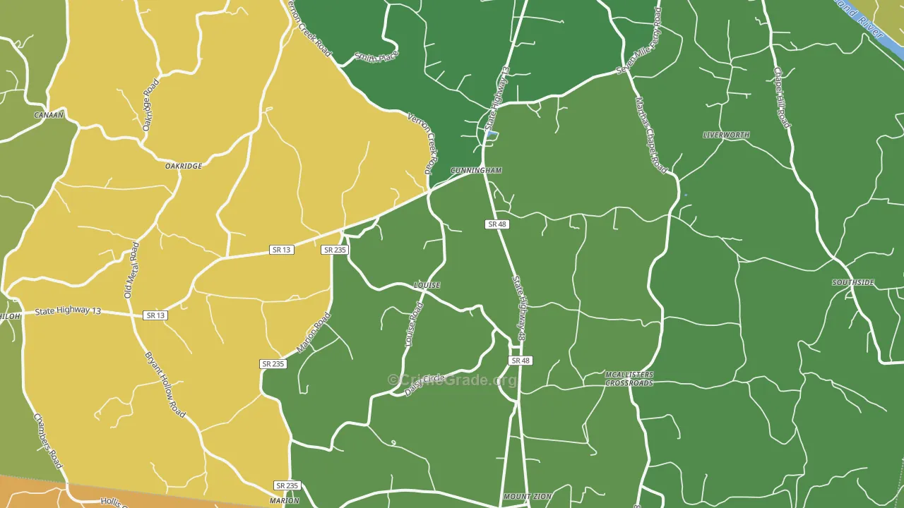 Cunningham, TN Map of Drug-Related Crime Rates