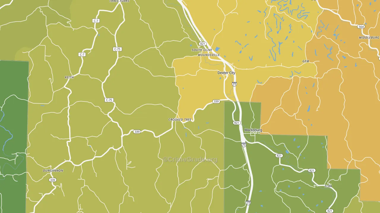 Dexter City, OH Map of Drug-Related Crime Rates