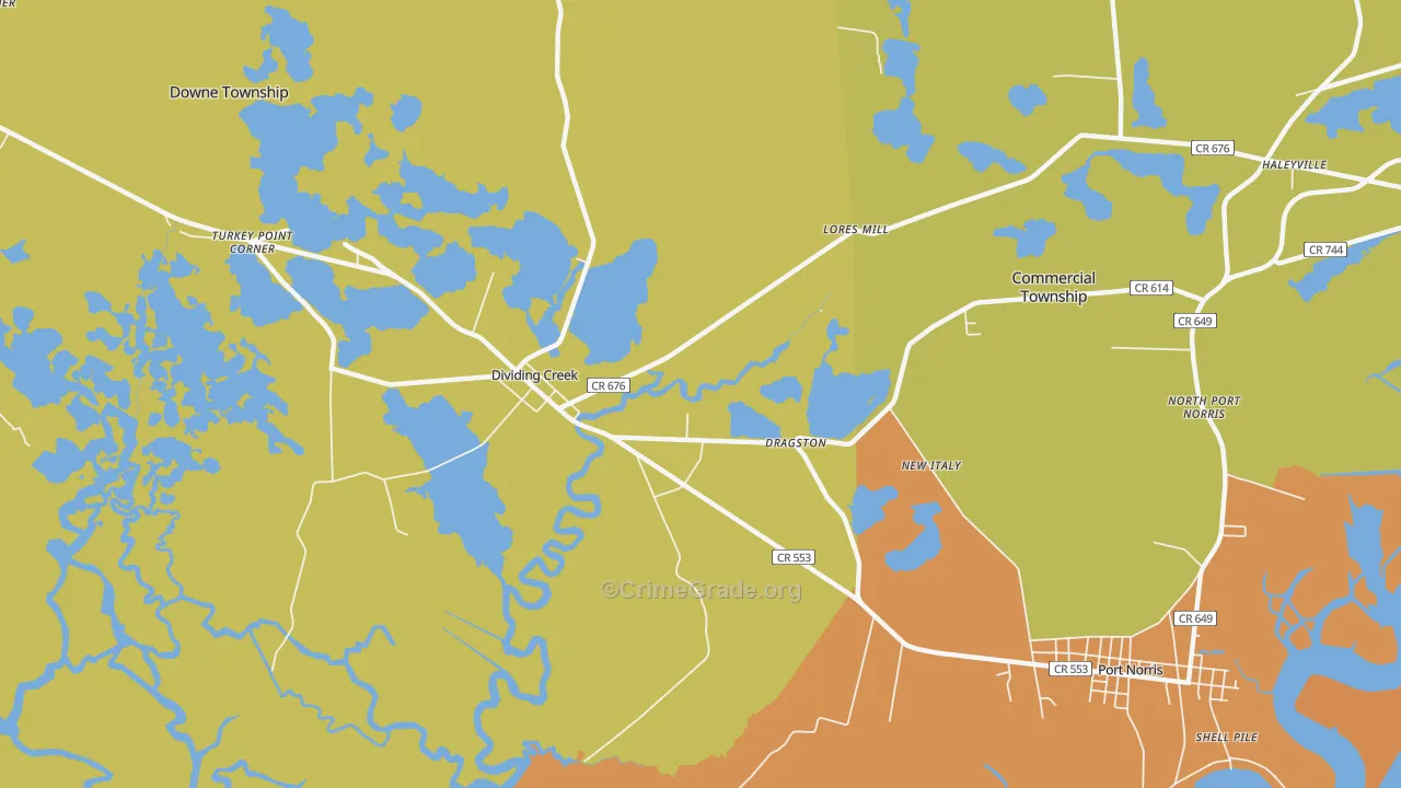 Dividing Creek, NJ Map of Drug-Related Crime Rates
