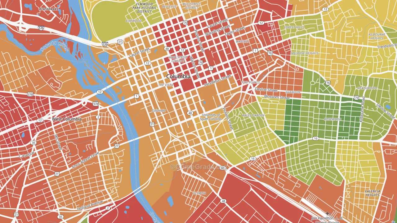 Downtown Columbia, Columbia, SC Map of Drug-Related Crime Rates