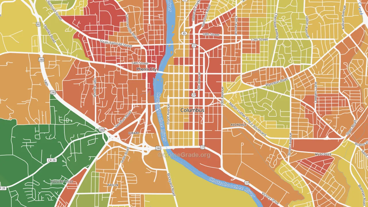 Downtown Columbus, Columbus, GA Map of Drug-Related Crime Rates